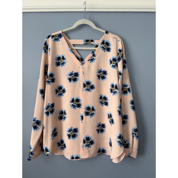 LOFT Tops - LOFT Blush Pink Blue Floral Long Roll-Tab Sleeve Double V-Neck Boho Size Large